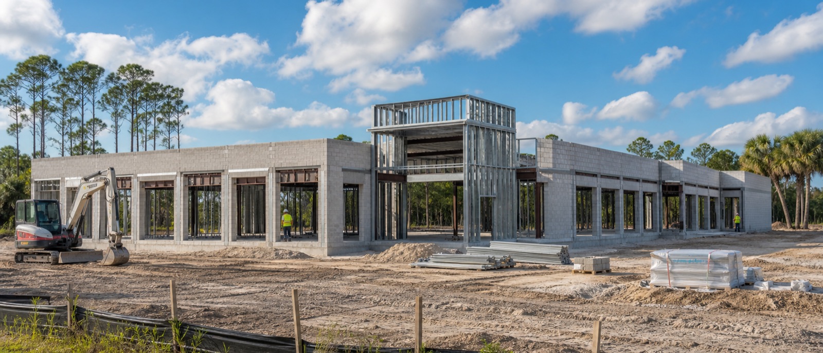 A commercial building under construction: concrete block walls up, a steel-framed entry tower rising at the center, an excavator and material stacks in the graded lot, with pine and palm trees at the tree line.